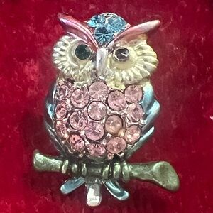 Sparkling Rhinestone Owl Brooch with Pink and Blue Crystals